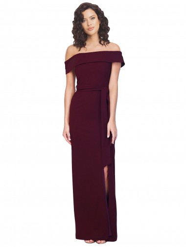 Purchase Fitted Full Length Off the Shoulder Crepe Prom Dress with Side Split and Waist Tie