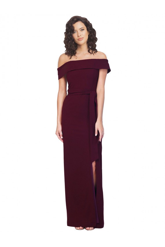Purchase Fitted Full Length Off the Shoulder Crepe Prom Dress with Side Split and Waist Tie