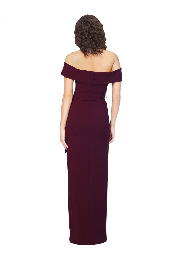 Purchase Fitted Full Length Off the Shoulder Crepe Prom Dress with Side Split and Waist Tie
