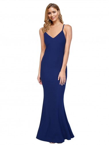 Purchase Full Length V-Neckline Crepe Prom Dress with Thin Straps and Fulted Skirt