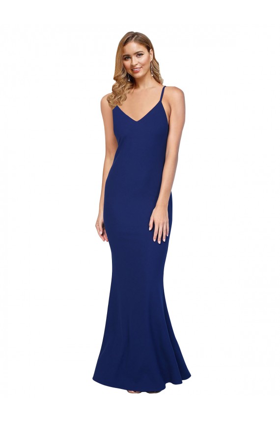 Purchase Full Length V-Neckline Crepe Prom Dress with Thin Straps and Fulted Skirt