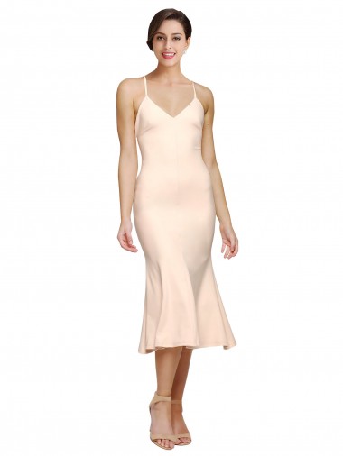 Purchase Midi Length V-Neckline Crepe Cocktail Prom Dress / Homecoming Dress with Thin Straps and Fulted Skirt