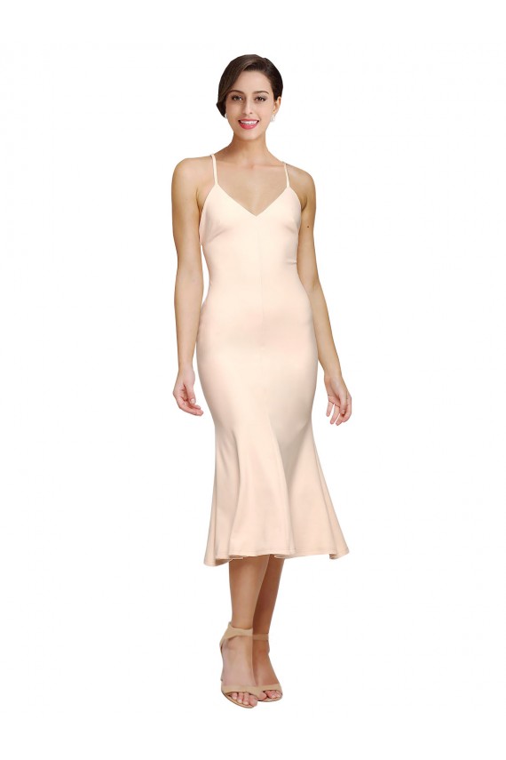 Purchase Midi Length V-Neckline Crepe Cocktail Prom Dress / Homecoming Dress with Thin Straps and Fulted Skirt