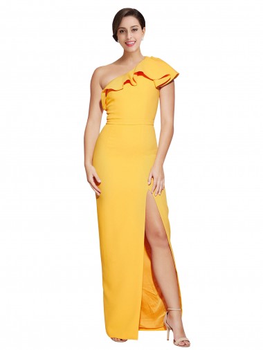 Purchase One Shoulder Floor Length Crepe Prom Dress with Thigh High Split
