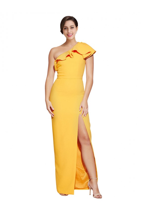 Purchase One Shoulder Floor Length Crepe Prom Dress with Thigh High Split