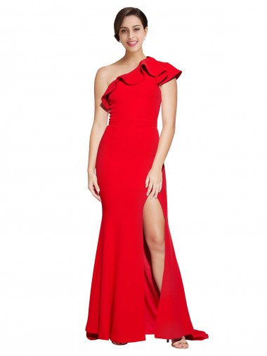 Purchase One Shoulder Long Sweep Train Crepe Prom Dress with Thigh High Split