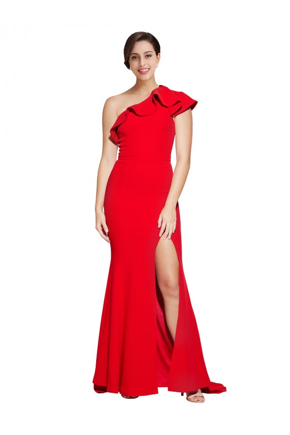 Purchase One Shoulder Long Sweep Train Crepe Prom Dress with Thigh High Split