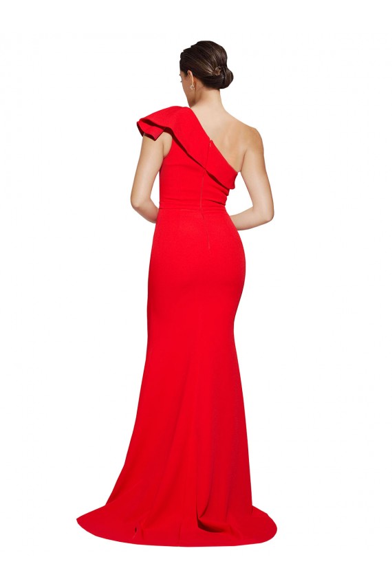 Purchase One Shoulder Long Sweep Train Crepe Prom Dress with Thigh High Split