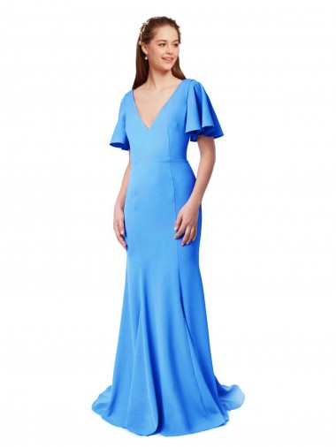 Purchase Short Sleeves Long V-Neck Crepe Prom Dress with V-Back