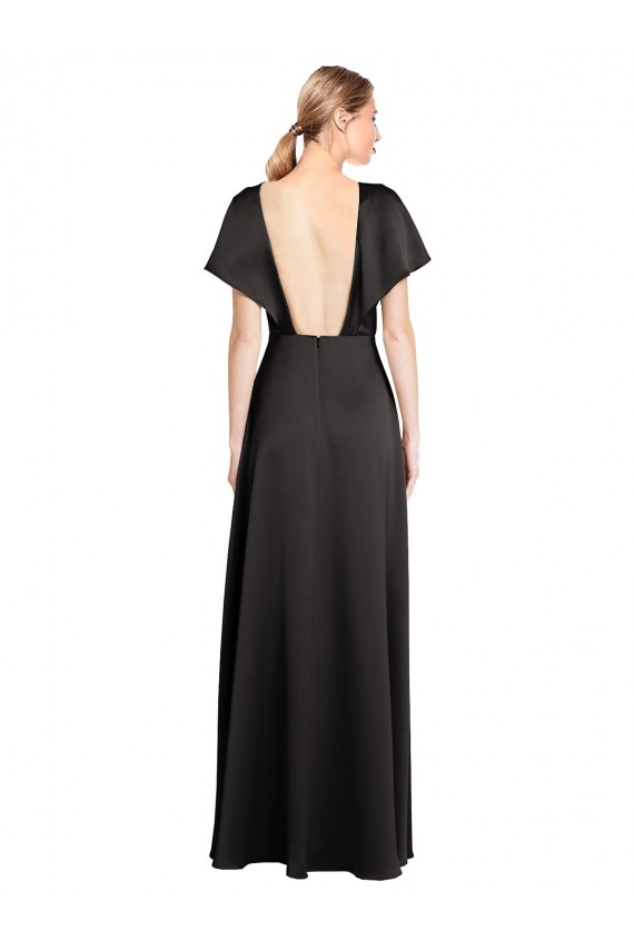 Purchase Cap Sleeves Open Back Long Stretch Satin Prom Dress