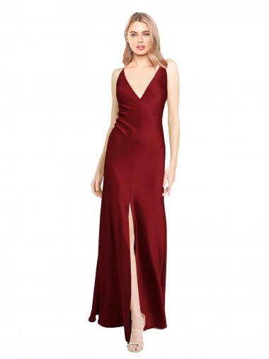Purchase Floor Length Deep V-Back Stretch Satin Prom Dress with Front Slit