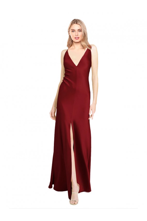 Purchase Floor Length Deep V-Back Stretch Satin Prom Dress with Front Slit
