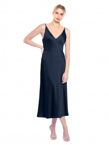 Purchase V-Neck Midi Length Short Stretch Satin Cocktail Prom Dress / Homecoming Dress V-Back