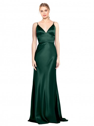 Purchase High V-Neck Long Full Length Sheath Stretch Satin Prom Dress