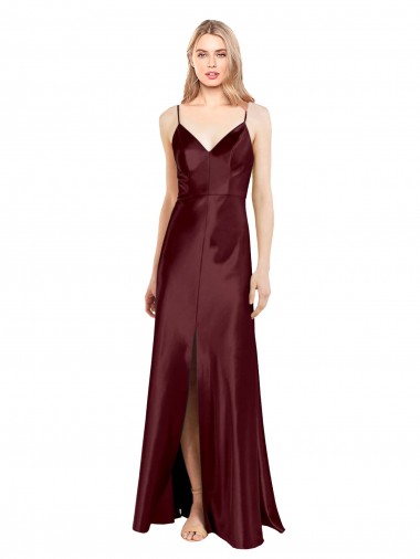 Purchase Sleek Spaghetti Straps V-Neck Stretch Satin Prom Dress with Center Front Slit