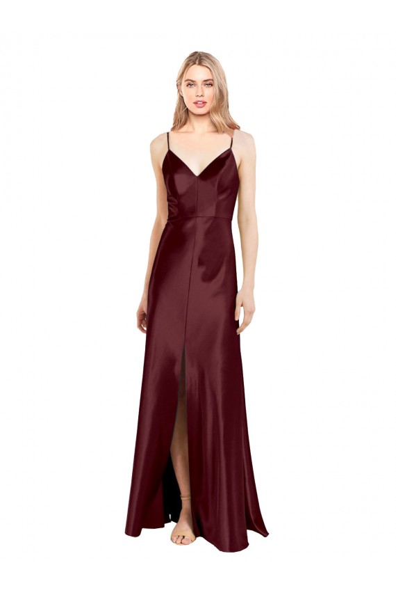 Purchase Sleek Spaghetti Straps V-Neck Stretch Satin Prom Dress with Center Front Slit