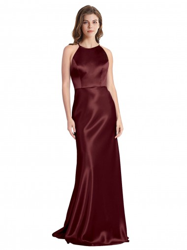 Purchase High Neck Halter Long Sleeveless Stretch Satin Prom Dress with Strappy Back