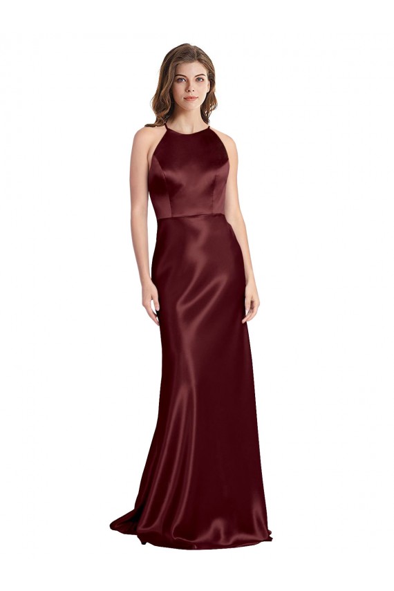 Purchase High Neck Halter Long Sleeveless Stretch Satin Prom Dress with Strappy Back
