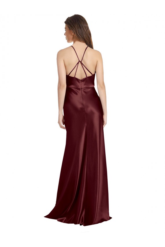 Purchase High Neck Halter Long Sleeveless Stretch Satin Prom Dress with Strappy Back