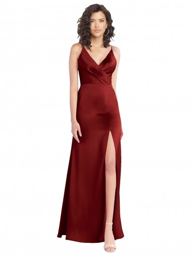 Purchase Faux Surplice Neckline Long Slim A-Line Stretch Satin Prom Dress