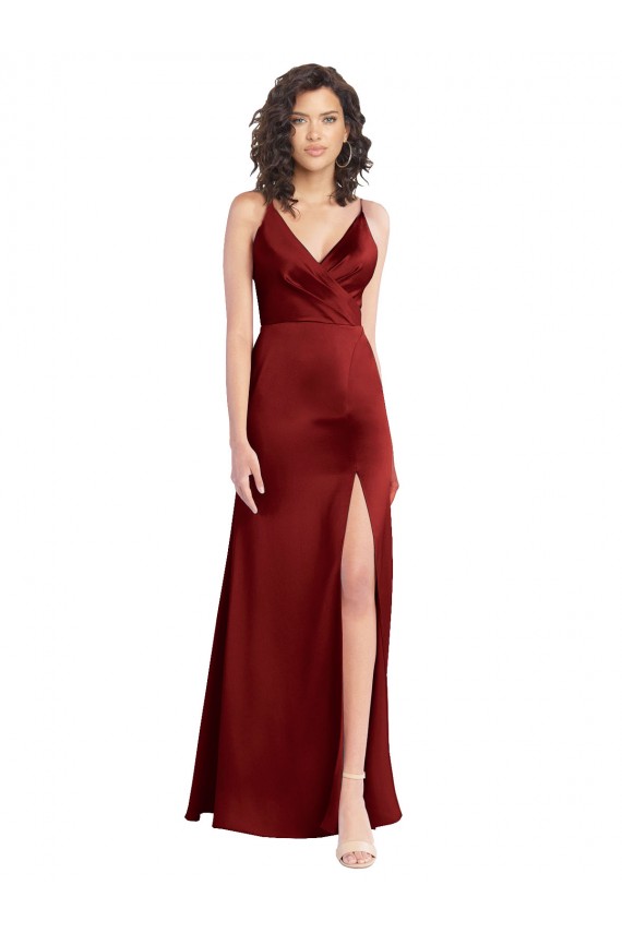Purchase Faux Surplice Neckline Long Slim A-Line Stretch Satin Prom Dress
