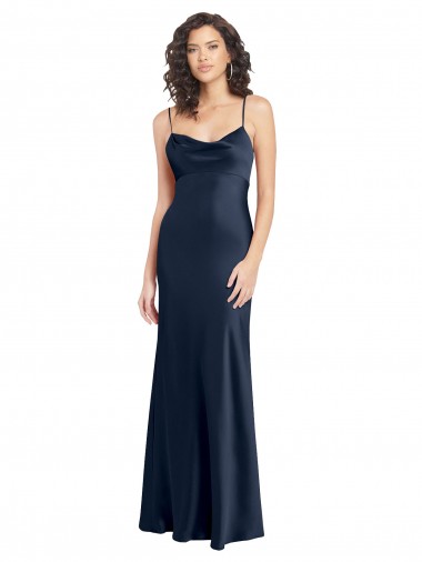Purchase Cowl Neck Long Empire Waist Stretch Satin Prom Dress with Open Back