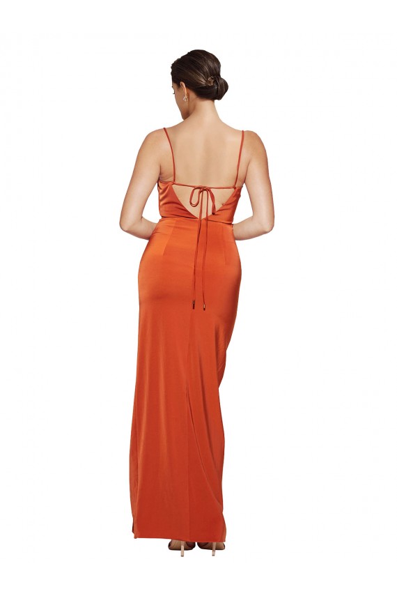 Purchase Front Cowl Neck Long Floor Length Stretch Satin Prom Dress with High Side Split