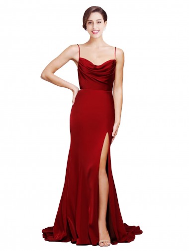 Purchase Cowl Front Neck Sweep Train Stretch Satin Prom Dress with High Side Split