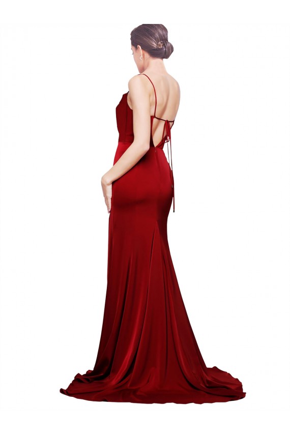 Purchase Cowl Front Neck Sweep Train Stretch Satin Prom Dress with High Side Split