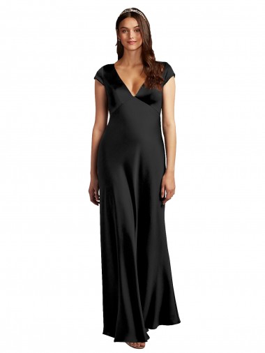 Purchase Plunging V-Neck Cap Cleeves Long Stretch Satin Prom Dress with Keyhole Back