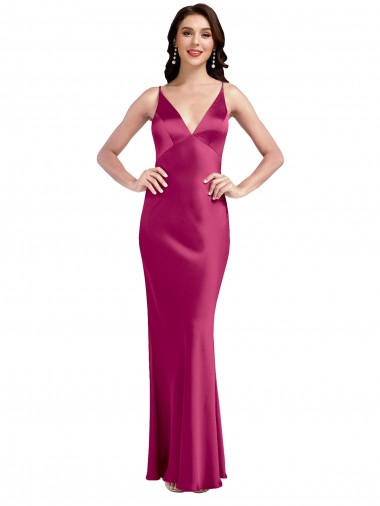 Purchase V-Neck Spaghetti Straps Slim Stretch Satin Prom Dress with Low Scoop Back