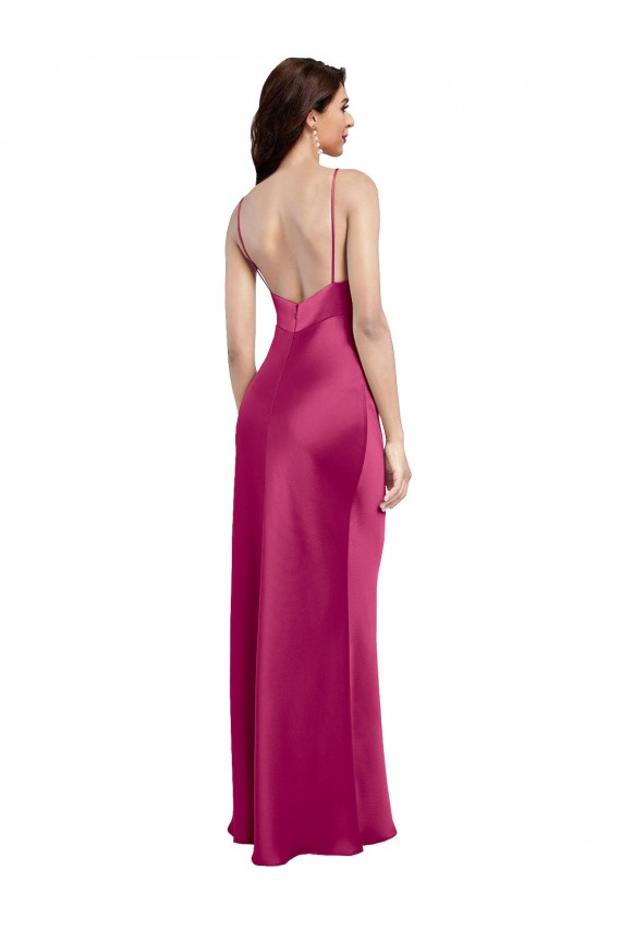 Purchase V-Neck Spaghetti Straps Slim Stretch Satin Prom Dress with Low Scoop Back