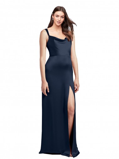 Purchase Cowl Neck Soft Long Stretch Satin Prom Dress with Side Slit and Pleated Straps