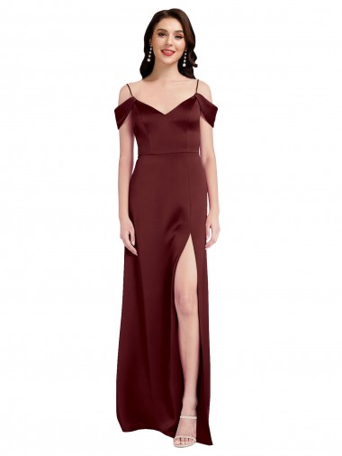 Purchase Draped Off the Shoulder Sleeves Slim A-Line Stretch Satin Prom Dress with Side Slit