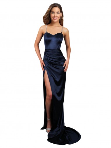 Purchase Pleated Sash Skirt Long Stretch Satin Prom Dress with High Slit