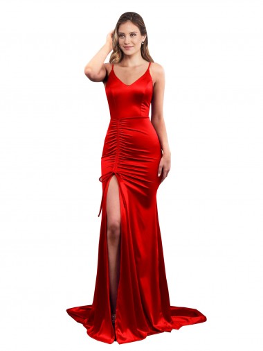 Purchase Long Pleated Stretch Satin Prom Dress with High Slit