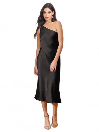 Purchase Sleek One Shoulder Midi Length Short Stretch Satin Slip Cocktail Prom Dress / Homecoming Dress