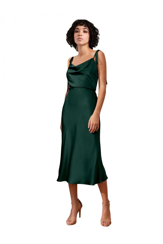Purchase Spaghetti Straps Tie Shoulders Cowl Neck Short Midi Length Stretch Satin Cocktail Prom Dress / Homecoming Dress