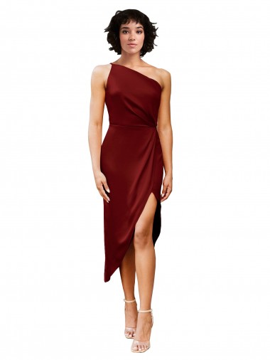 Purchase One Shoulder Midi Length Short Stretch Satin Wrap Style Cocktail Prom Dress / Homecoming Dress