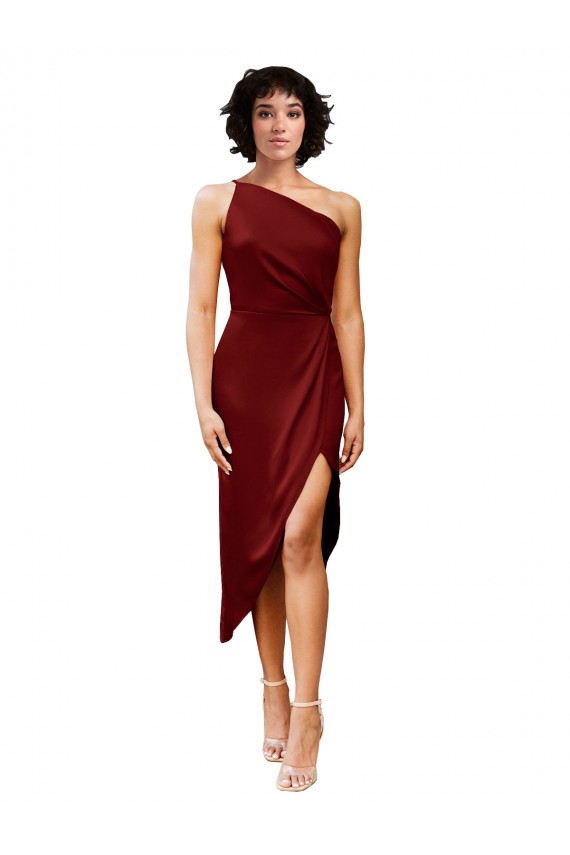 Purchase One Shoulder Midi Length Short Stretch Satin Wrap Style Cocktail Prom Dress / Homecoming Dress