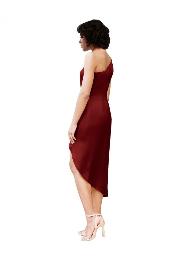 Purchase One Shoulder Midi Length Short Stretch Satin Wrap Style Cocktail Prom Dress / Homecoming Dress