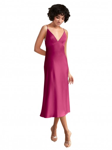 Purchase Midi Length V-Neck Short Stretch Satin Cocktail Prom Dress / Homecoming Dress with Low Scoop Back
