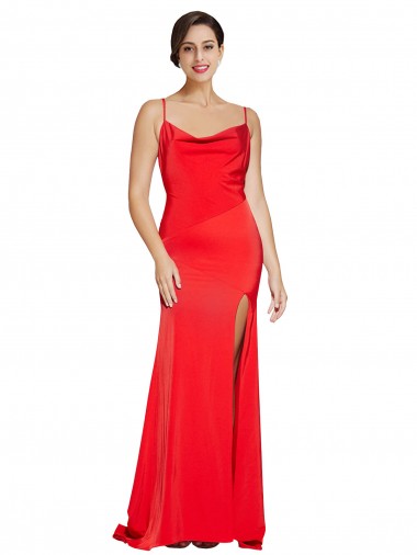 Purchase Low Back Cowl Neck Stretch Satin Prom Dress with High Side Slit