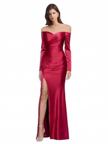 Purchase Long Sleeves Off the Shoulder Stretch Satin Prom Dress with High Side Split