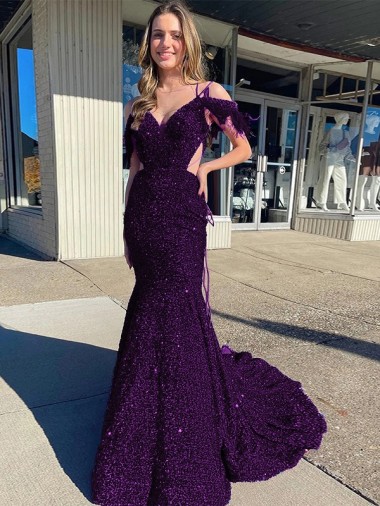 Purchase Cold Shoulder Sleeveless Long Court Train Velvet Sequin Prom Dress