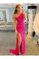 Purchase One Shoulder Sleeveless Long Velvet Sequin Prom Dress with High Slit