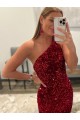 Purchase Open Back One Shoulder Sleeveless Long Sweep Train Velvet Sequin Prom Dress