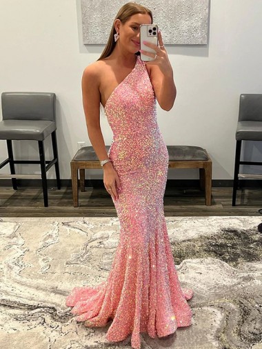 Purchase Open Back One Shoulder Sleeveless Long Sweep Train Velvet Sequin Prom Dress