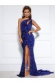 Purchase Mermaid One Shoulder Sleeveless Long Court Train Velvet Sequin Prom Dress with Slit
