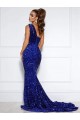 Purchase Mermaid One Shoulder Sleeveless Long Court Train Velvet Sequin Prom Dress with Slit